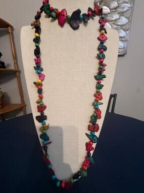 Vintage 56” Painted Wood Bead Boho Long Necklace